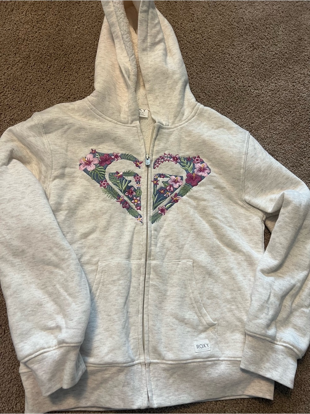 Roxy girls sz 14/16 / womens XS Light Heather Gray Hoodie with Pink Floral Heart